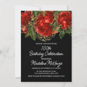Invitación Elegante Roses Rojas Vintage Negro 100 cumpleaños