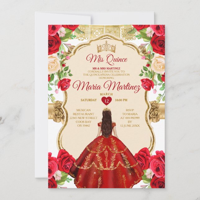 Invitación Elegante Roses Rojos Brillantes Princesa Quinceañe (Anverso)
