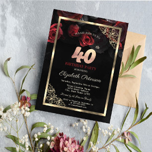 Invitación Elegante Roses Rojos Marco Negro 40 cumpleaños