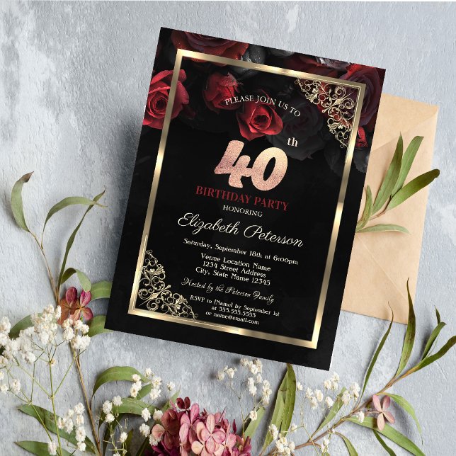 Invitación Elegante Roses Rojos Marco Negro 40 cumpleaños (Subido por el creador)