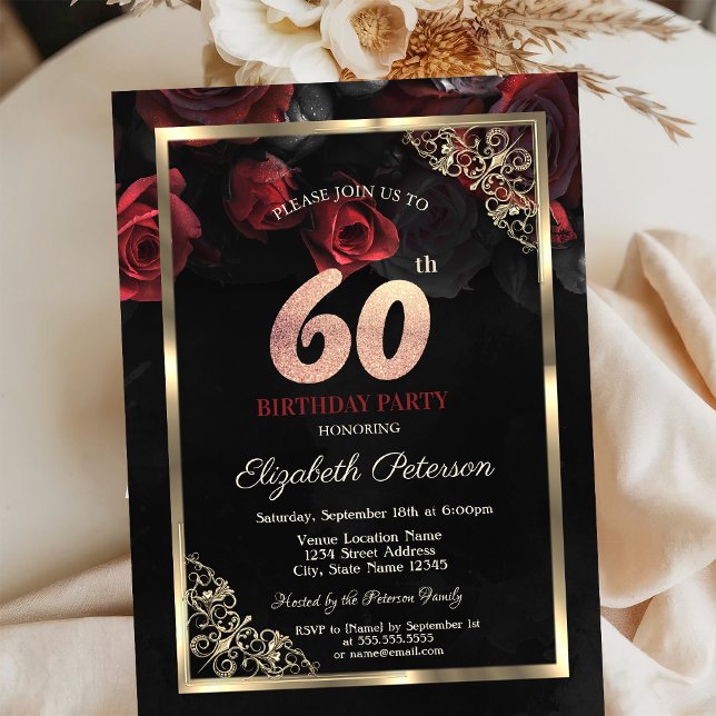 Invitación Elegante Roses Rojos Marco Negro 60 cumpleaños (Subido por el creador)