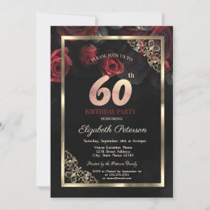 Invitación Elegante Roses Rojos Marco Negro 60 cumpleaños