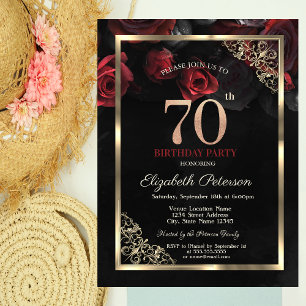 Invitación Elegante Roses Rojos Marco Negro 70 cumpleaños