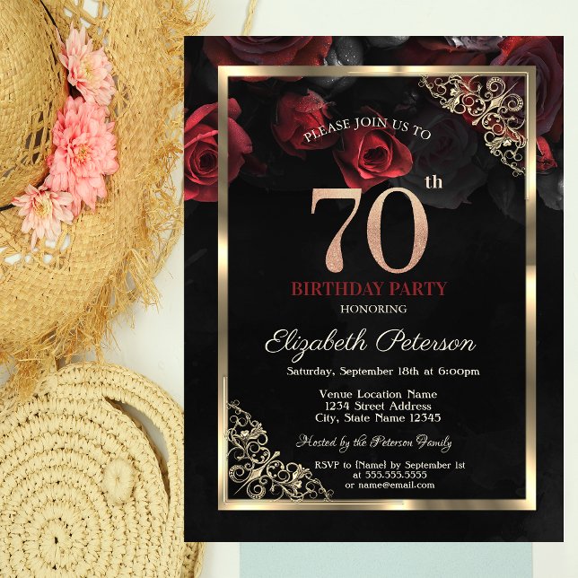Invitación Elegante Roses Rojos Marco Negro 70 cumpleaños (Subido por el creador)
