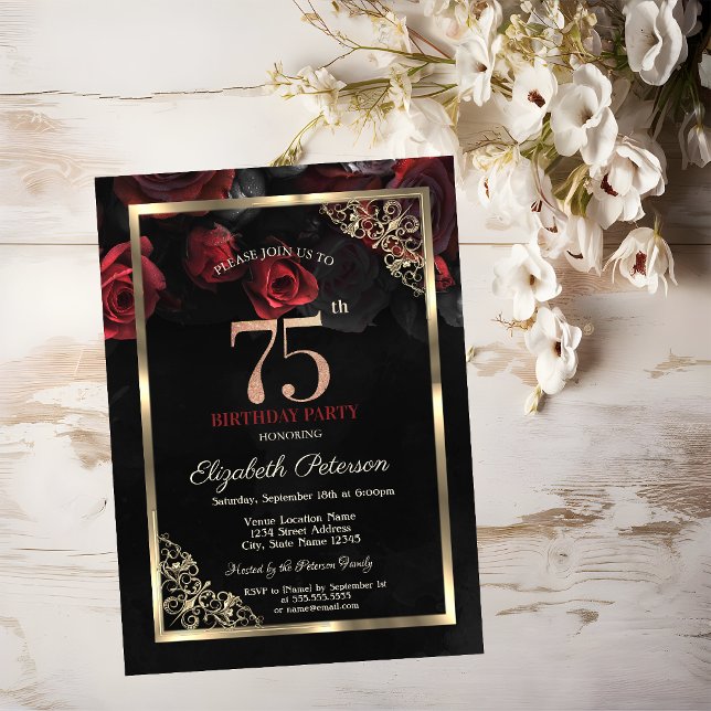 Invitación Elegante Roses Rojos Marco Negro 75 cumpleaños (Subido por el creador)