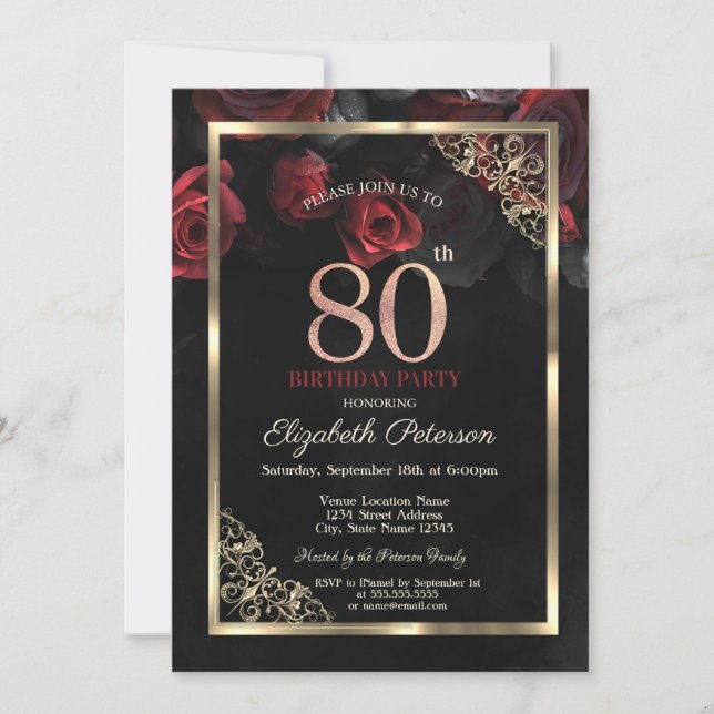 Invitación Elegante Roses Rojos Marco Negro 80 cumpleaños (Anverso)