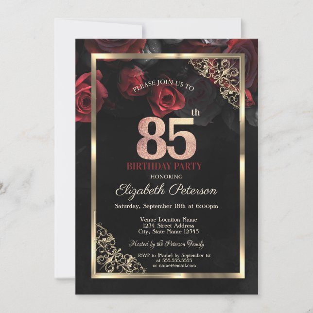 Invitación Elegante Roses Rojos Marco Negro 85 cumpleaños (Anverso)