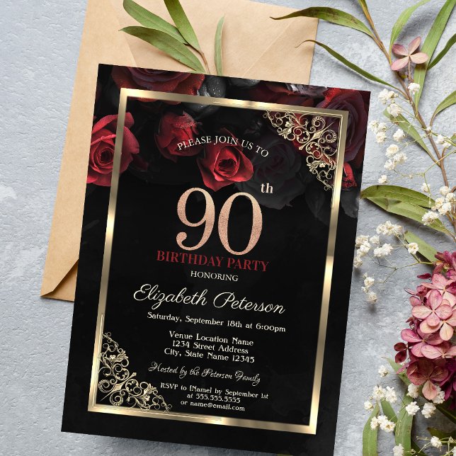 Invitación Elegante Roses Rojos marco negro 90 cumpleaños (Subido por el creador)