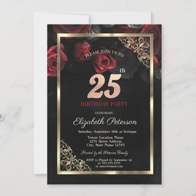 Invitación Elegante Roses Rojos Marco Negro Cumpleaños 25 (Anverso)