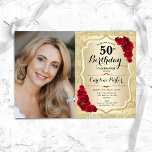 Invitación Elegante Roses Rojos Oro Foto 50 cumpleaños<br><div class="desc">Elegante invitación de 50 años floral femenina con tu foto. Diseño de vidrio con oro falso purpurina. Presenta rayas, rosas rojas, letra de guión y confeti. Perfecto para un elegante fiesta de celebración de cumpleaños. Personaliza con tus propios detalles. ¡Se puede personalizar para cualquier edad! Invitaciones Zazzle impresas o una...</div>