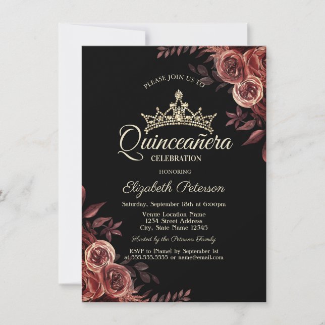 Invitación Elegante Roses Rojos Oscuros Quinceañera gótica (Anverso)