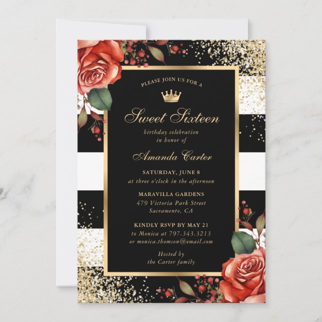 Invitación Elegante Roses Rojos Purpurina Dulce Dieciséis Cum (Anverso)