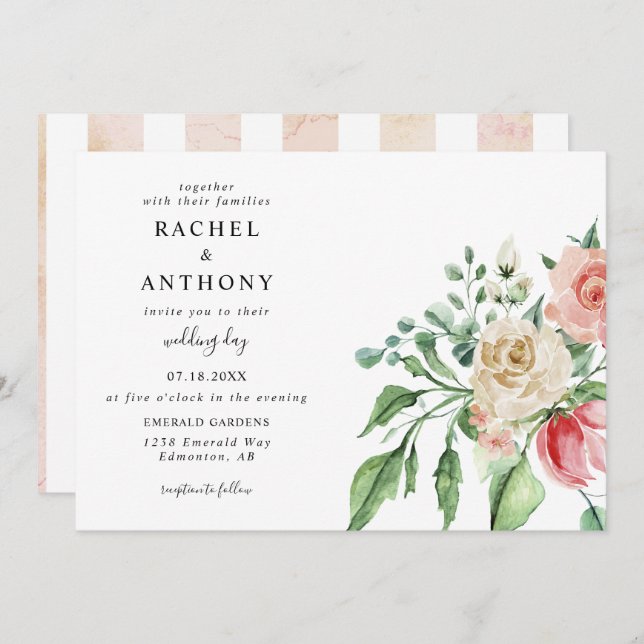 Invitación Elegante Roses Rosa Watercolor Romántico Jardín (Anverso / Reverso)