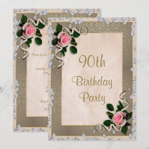 Invitación Elegante Roses rosadas enmarcadas 90 cumpleaños