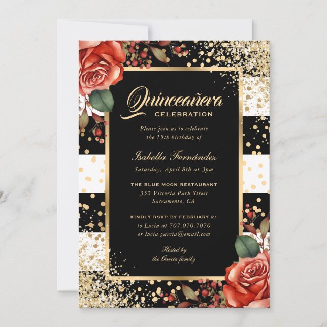 Invitación Elegante Roses Roses Rojos Negro Confetti Quinceañ (Anverso)