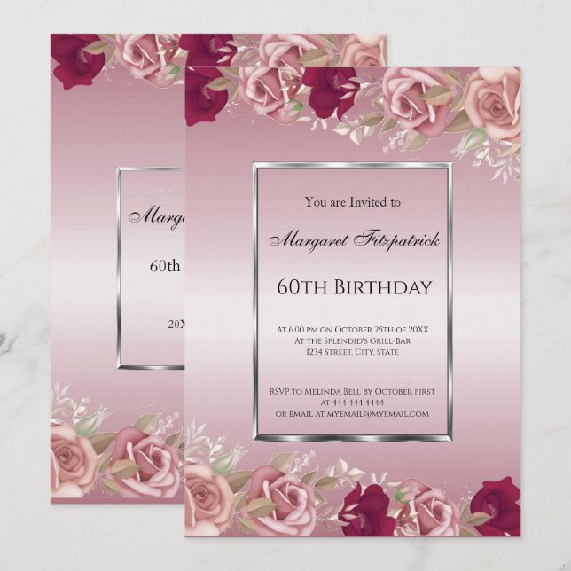 Invitación Elegante Roses Roses Roses Rojos Cumpleaños Rosa (Anverso / Reverso)