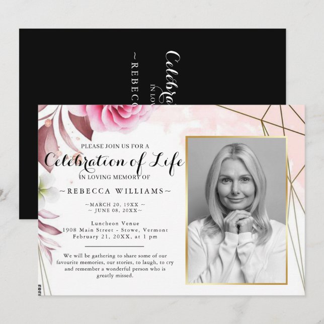 Invitación Elegante Rosy Rubor Photo Celebration of life (Anverso / Reverso)