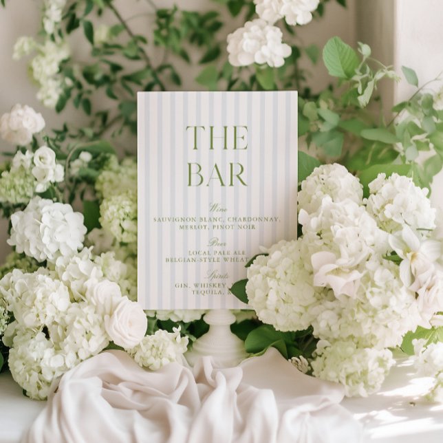 Invitación Elegante Rótulo Sage Green & Blue Stried Boda Bar (Elegant Sage Green & Blue Striped Wedding Bar Sign)