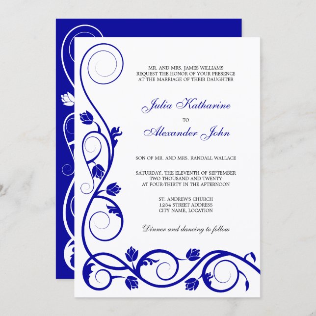 Invitación Elegante Royal Blue and White Swirls (Anverso / Reverso)