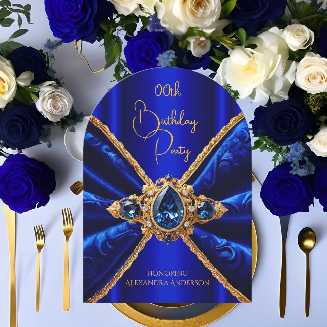 Invitación Elegante Royal Blue Birthday Gold Jewel Faux Velve (Subido por el creador)