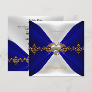 Invitación Elegante Royal Blue Birthday Gold Jewel Seda Blanc
