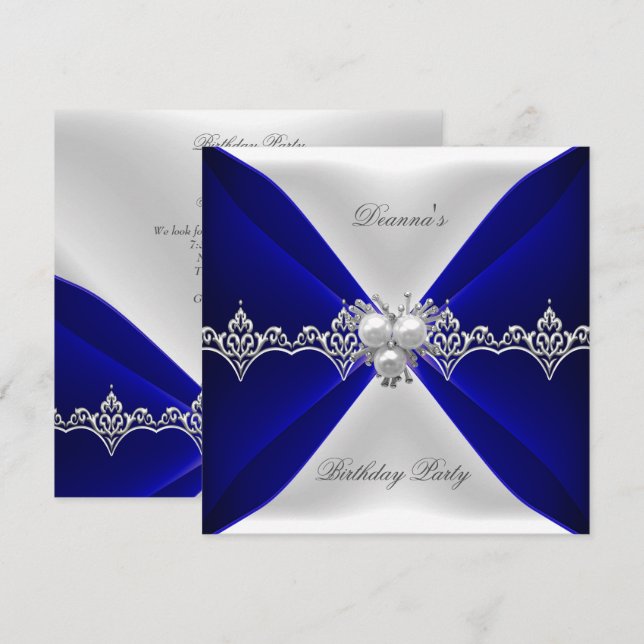 Invitación Elegante Royal Blue Birthday Jewel White Silk (Anverso / Reverso)