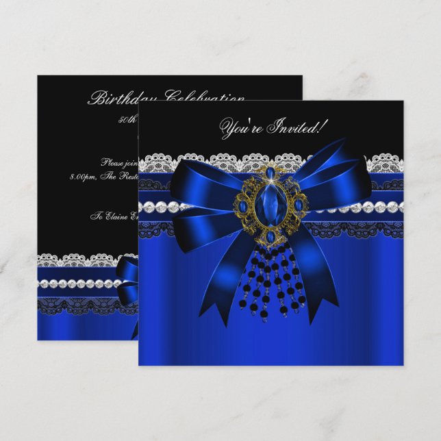 Invitación Elegante Royal Blue Black Diamond Gold Lace Fiesta (Anverso / Reverso)