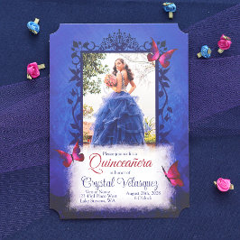 Invitación Elegante Royal Blue con Mariposas Rojas Quinceaner