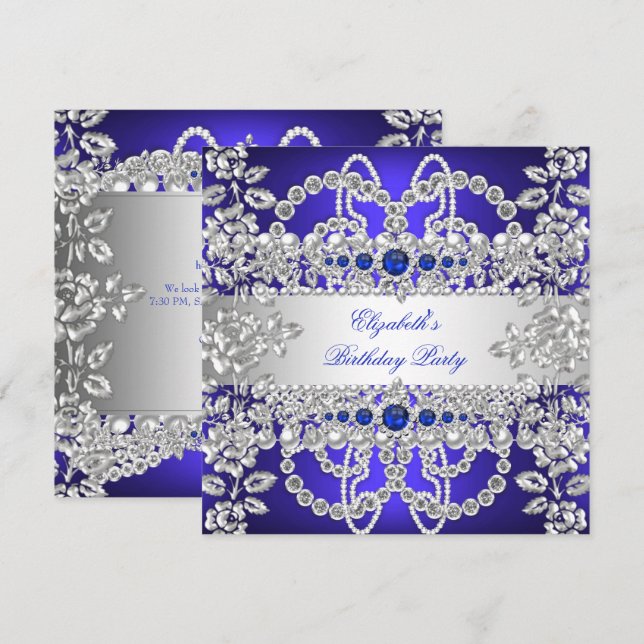 Invitación Elegante Royal Blue Diamonds Silver Cumpleaños Flo (Anverso / Reverso)