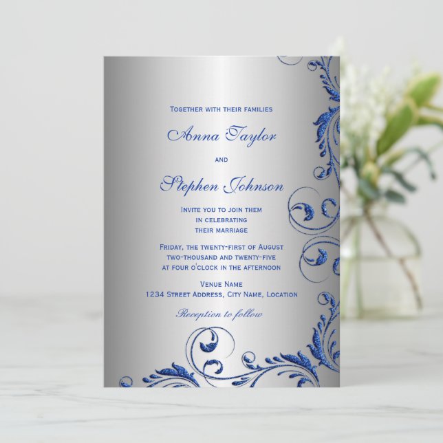 Invitación Elegante Royal Blue Faux Purpurina Floral Swirls (Anverso de pie)