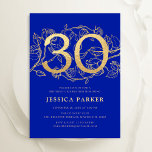 Invitación Elegante Royal Blue Gold 30 cumpleaños<br><div class="desc">Elegante invitación a la fiesta de cumpleaños 30 de oro azul real. Diseño femenino moderno de personalizable con acentos botánicos rosas y oro falso purpurina. Sencilla tarjeta de invitación floral perfecta para una elegante celebración de cumpleaños femenina. Personaliza con tus propios detalles. Invitaciones Zazzle impresas o una plantilla imprimible digital...</div>