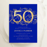 Invitación Elegante Royal Blue Gold 50 cumpleaños<br><div class="desc">Elegante invitación de fiesta de cumpleaños 50 de oro azul real. Diseño femenino moderno de personalizable con acentos botánicos rosas y oro falso purpurina. Sencilla tarjeta de invitación floral perfecta para una elegante celebración de cumpleaños femenina. Personaliza con tus propios detalles. Invitaciones Zazzle impresas o una plantilla imprimible digital de...</div>