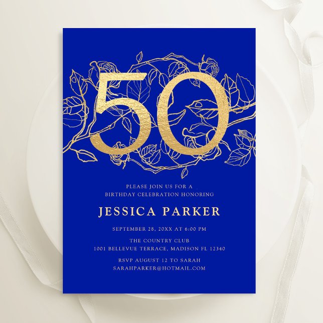 Invitación Elegante Royal Blue Gold 50 cumpleaños (Subido por el creador)