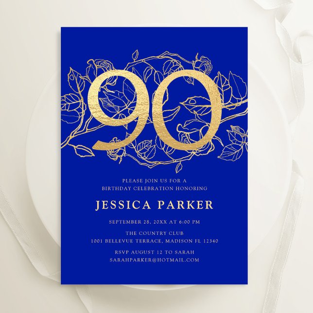 Invitación Elegante Royal Blue Gold 90 cumpleaños (Subido por el creador)