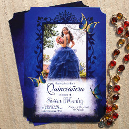 Invitación Elegante Royal Blue & Gold Butterflies Quinceanera