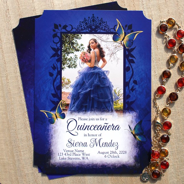 Invitación Elegante Royal Blue & Gold Butterflies Quinceanera (Unique blue and gold quinceanera invitations, script writing, english wording, fancy gold butterlies)