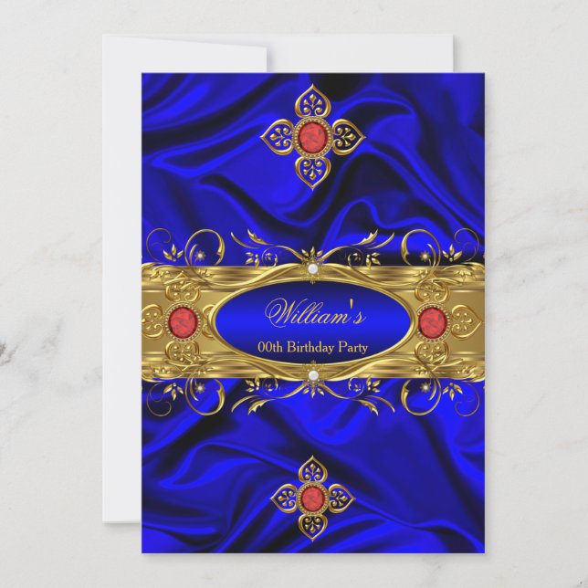 Invitación Elegante Royal Blue Gold Gems Red Gems Seda Cumple (Anverso)