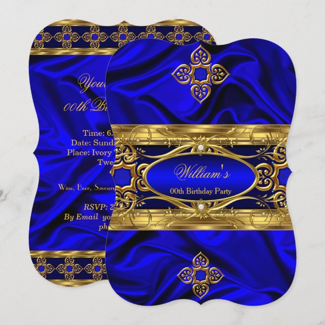 Invitación Elegante Royal Blue Gold Gems Silk Birthday Party  (Anverso / Reverso)
