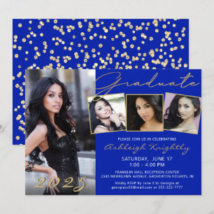 Invitación Elegante Royal Blue Gold Script 4 Photo Graduate