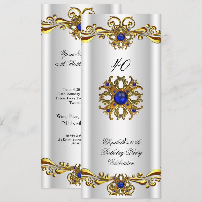 Invitación Elegante Royal Blue Jewel Gold Birthday Party 2 (Anverso / Reverso)