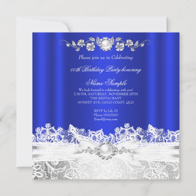 Invitación Elegante Royal Blue Lace Blanco Jewel Bow Cumpleañ (Anverso)