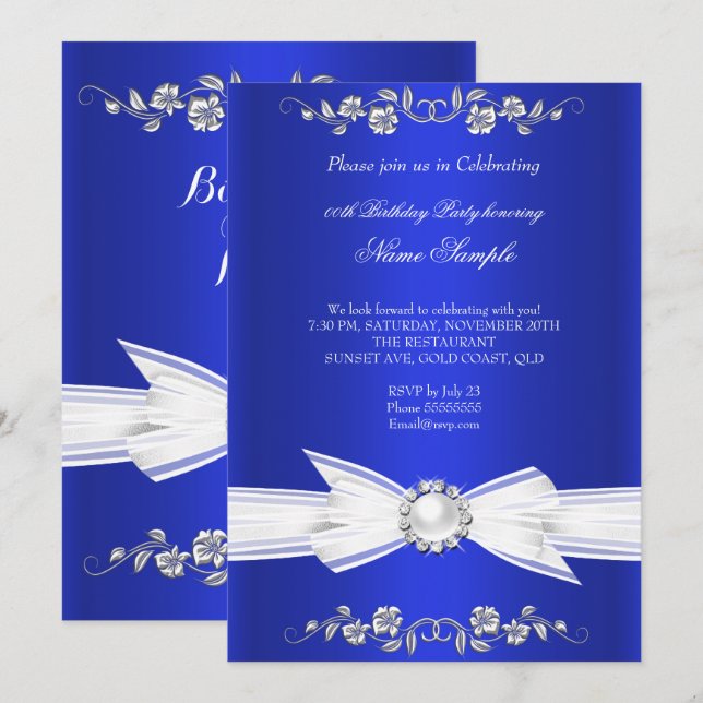 Invitación Elegante Royal Blue Pearl Jewel Bow Cumpleaños (Anverso / Reverso)