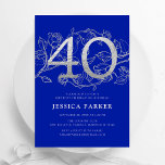 Invitación Elegante Royal Blue Silver 40 cumpleaños<br><div class="desc">Elegante invitación de fiesta de cumpleaños 40 de color azul real. Diseño femenino moderno y personalizable con acentos botánicos rosas y plata de brillo falso. Sencilla tarjeta de invitación floral perfecta para una elegante celebración de cumpleaños femenina. Personaliza con tus propios detalles. Invitaciones Zazzle impresas o una plantilla imprimible digital...</div>