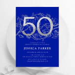 Invitación Elegante Royal Blue Silver 50 cumpleaños<br><div class="desc">Elegante invitación de fiesta de cumpleaños 50 de plata azul real. Personalizable diseño moderno femenino con acentos botánicos rosas y una falsa plata purpurina. Sencilla tarjeta de invitación floral perfecta para una elegante celebración de cumpleaños femenina. Personaliza con tus propios detalles. Invitaciones Zazzle impresas o una plantilla imprimible digital de...</div>