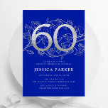 Invitación Elegante Royal Blue Silver 60 cumpleaños<br><div class="desc">Elegante invitación a la fiesta de cumpleaños número 60 de color azul real. Personalizable diseño moderno femenino con acentos botánicos rosas y una falsa plata purpurina. Sencilla tarjeta de invitación floral perfecta para una elegante celebración de cumpleaños femenina. Personaliza con tus propios detalles. Invitaciones Zazzle impresas o una plantilla imprimible...</div>