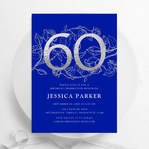 Invitación Elegante Royal Blue Silver 60 cumpleaños