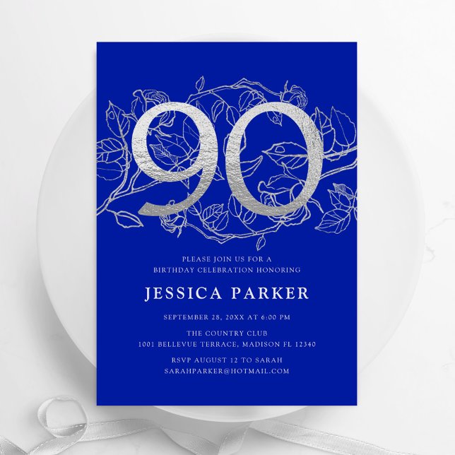 Invitación Elegante Royal Blue Silver 90 cumpleaños (Subido por el creador)