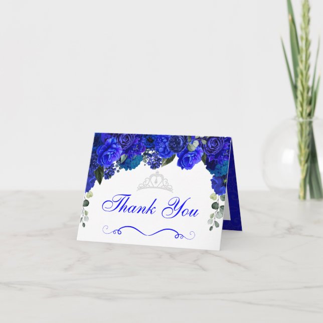Invitación Elegante Royal Blue Silver Floral Gracias (Anverso)