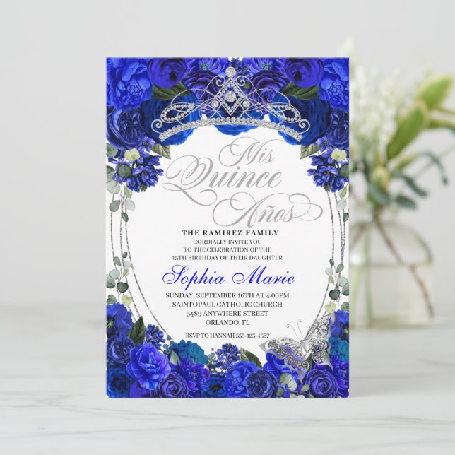 Invitación Elegante Royal Blue Silver Quinceanera Cumpleaños (Anverso de pie)