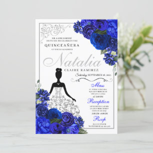 Invitación Elegante Royal Blue Silver Quinceanera Cumpleaños